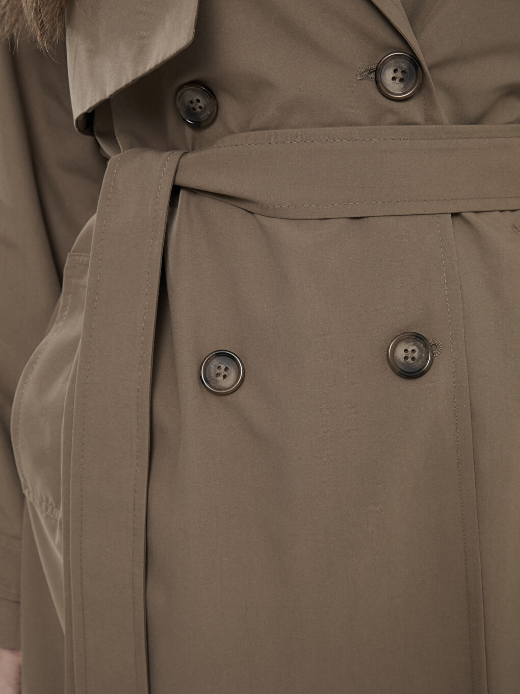 Haki Ceket Yaka Düz Uzun Kollu Kadın Trençkot-2