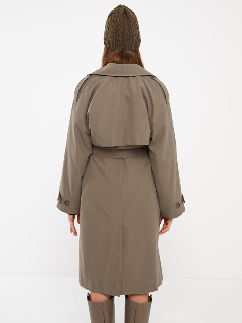 Haki Ceket Yaka Düz Uzun Kollu Kadın Trençkot-3