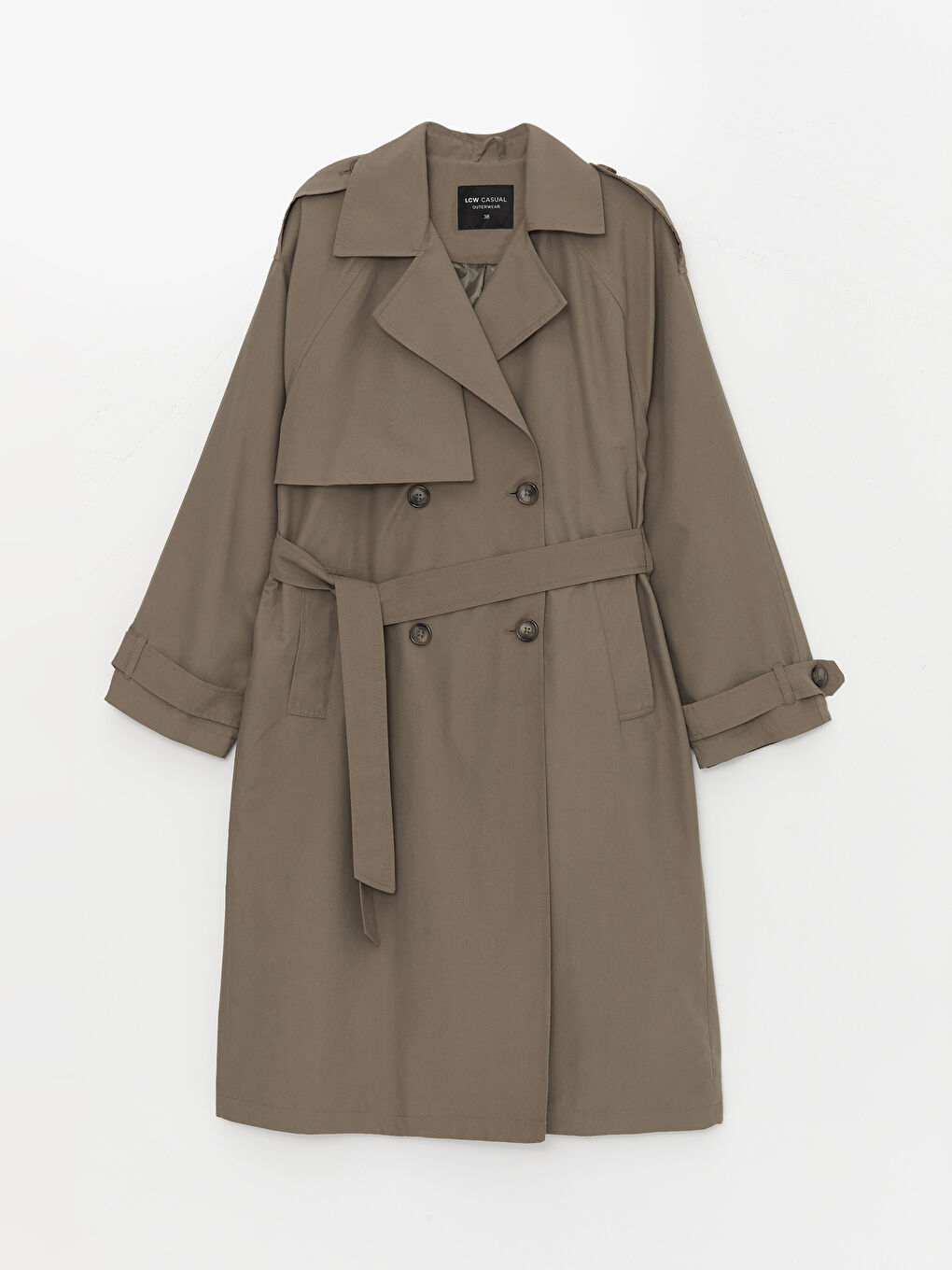 Haki Ceket Yaka Düz Uzun Kollu Kadın Trençkot-4