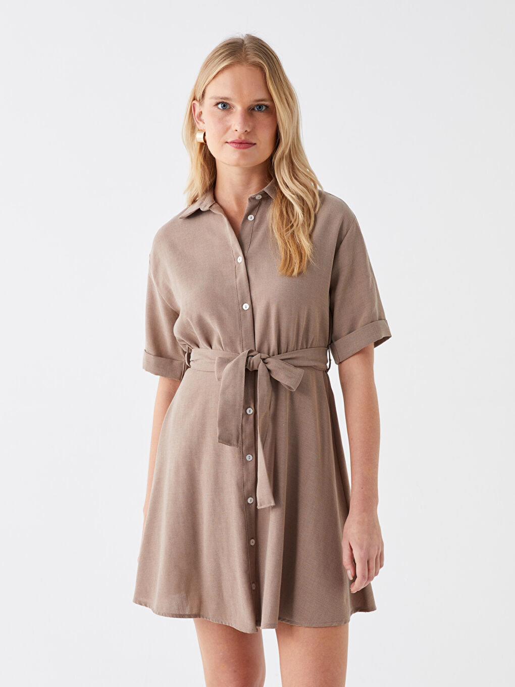 Bej Düz Kısa Kollu Kadın Gömlek Elbise-1