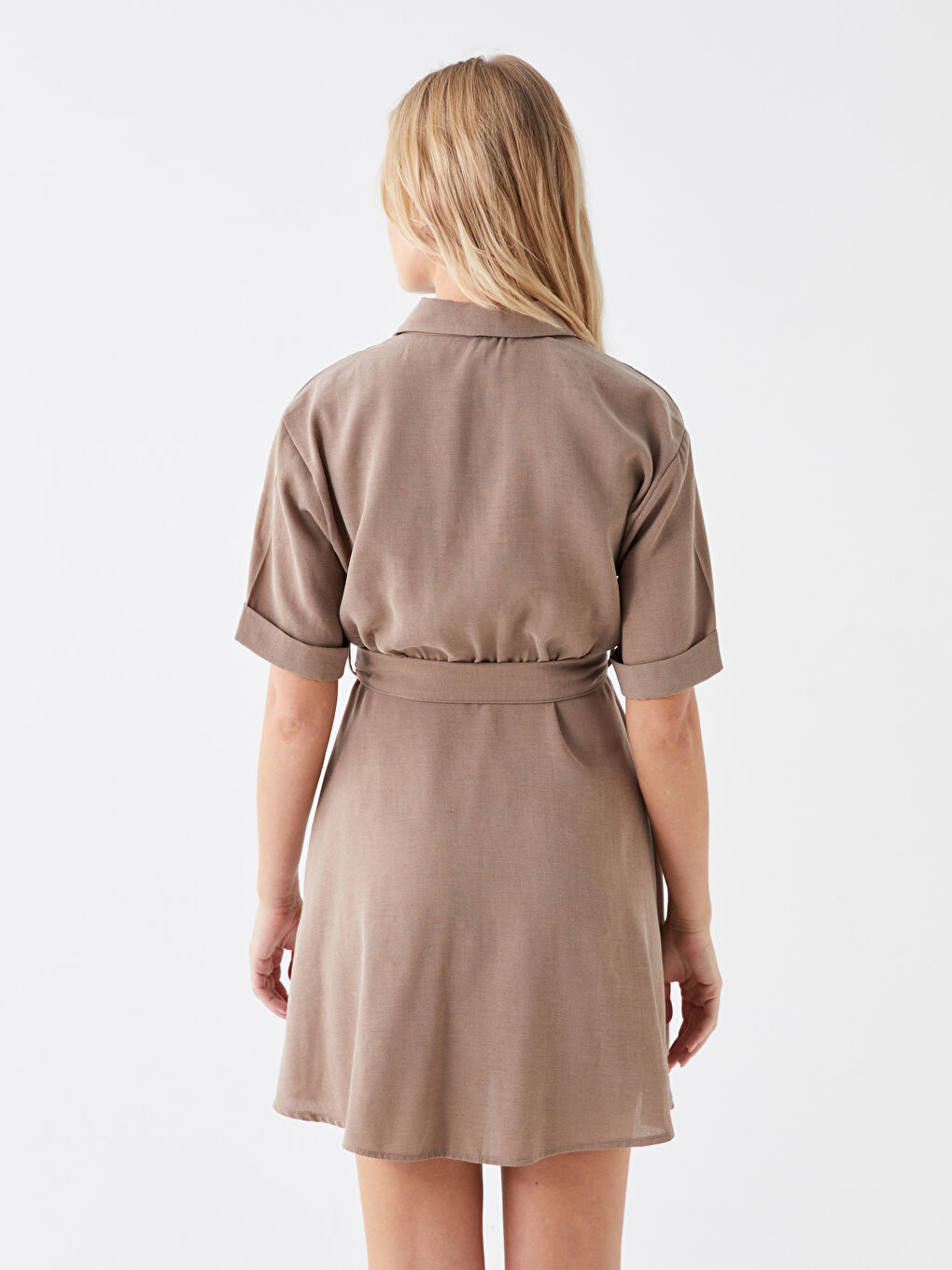 Bej Düz Kısa Kollu Kadın Gömlek Elbise-3