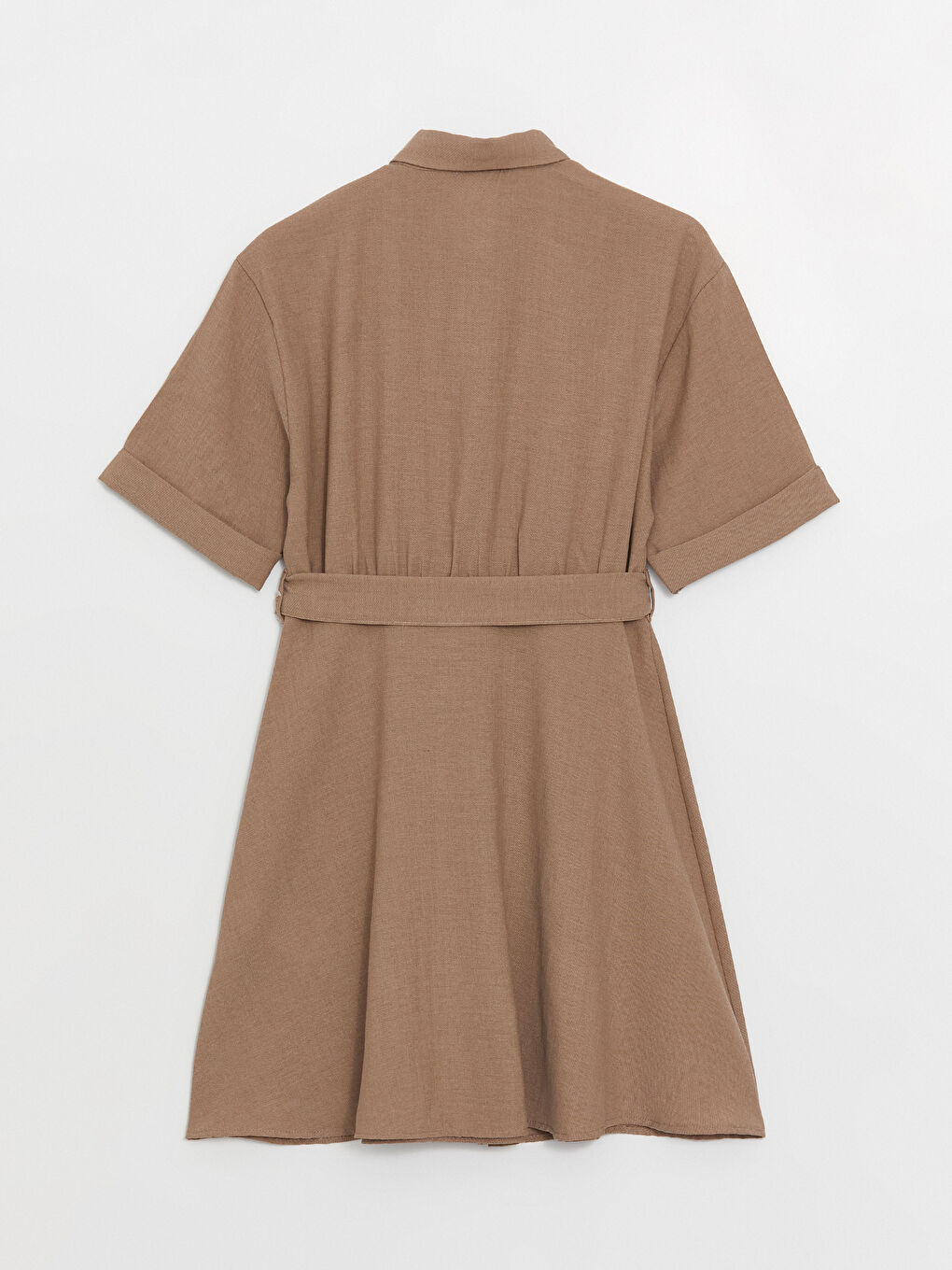 Bej Düz Kısa Kollu Kadın Gömlek Elbise-5
