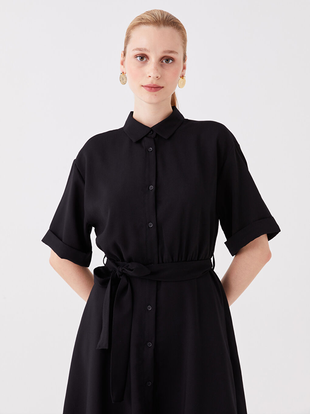 Siyah Düz Kısa Kollu Kadın Gömlek Elbise-1