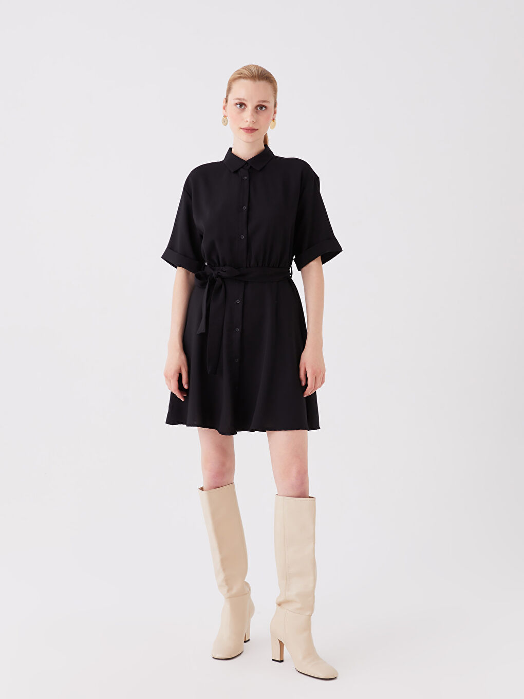 Siyah Düz Kısa Kollu Kadın Gömlek Elbise-2