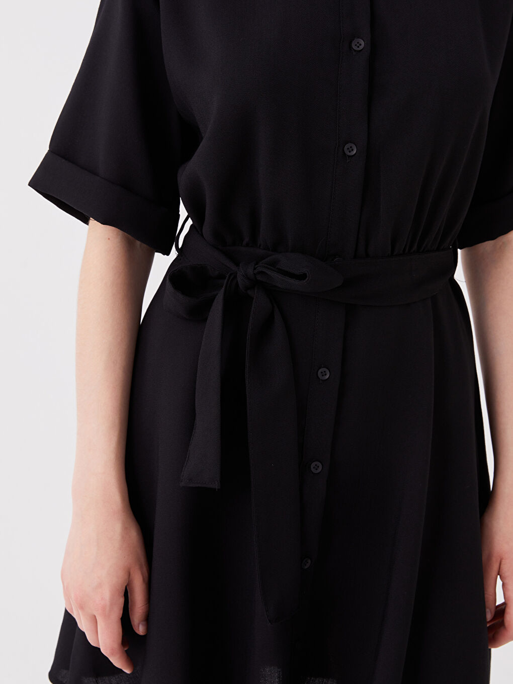 Siyah Düz Kısa Kollu Kadın Gömlek Elbise-3