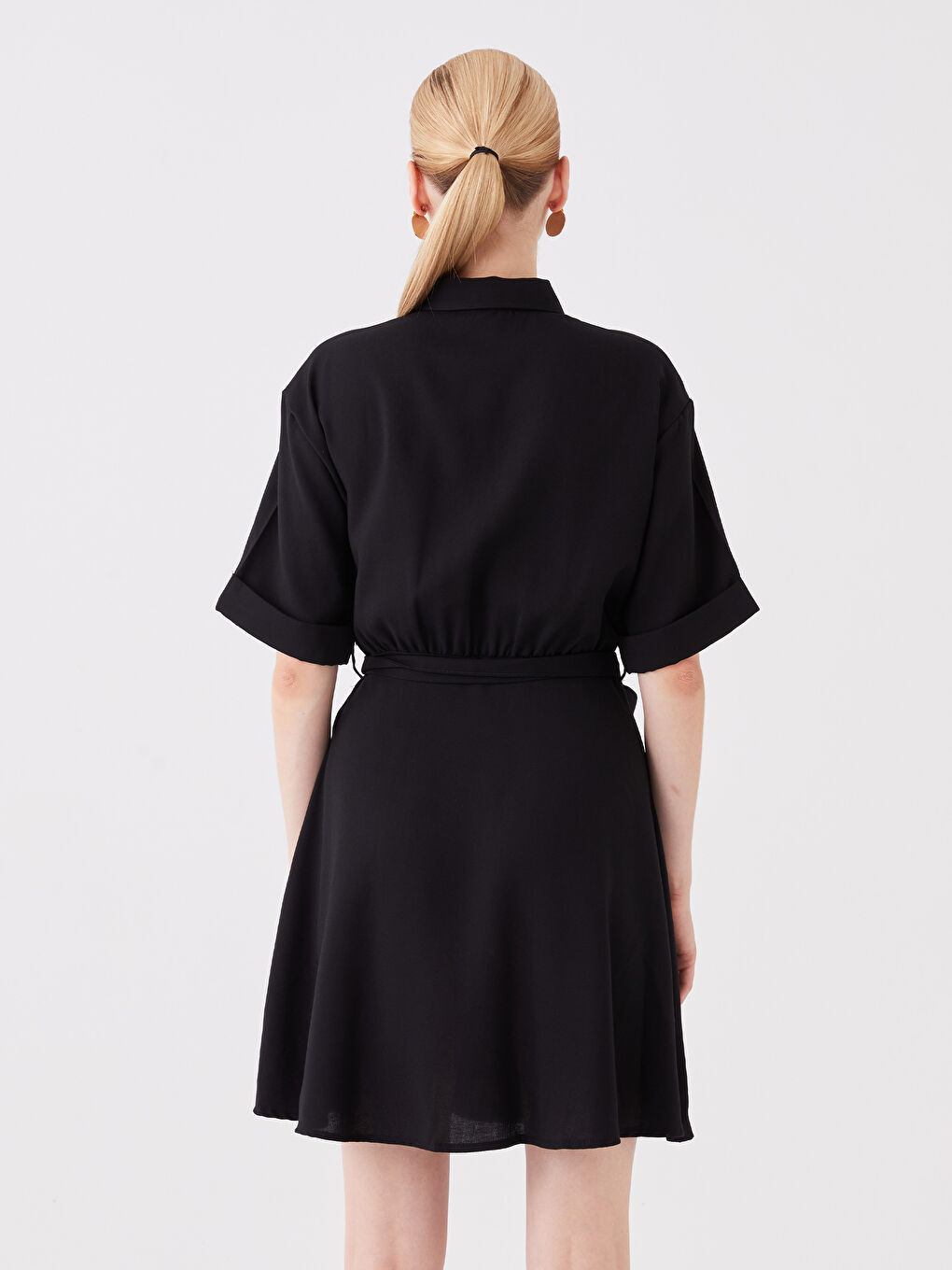 Siyah Düz Kısa Kollu Kadın Gömlek Elbise-4