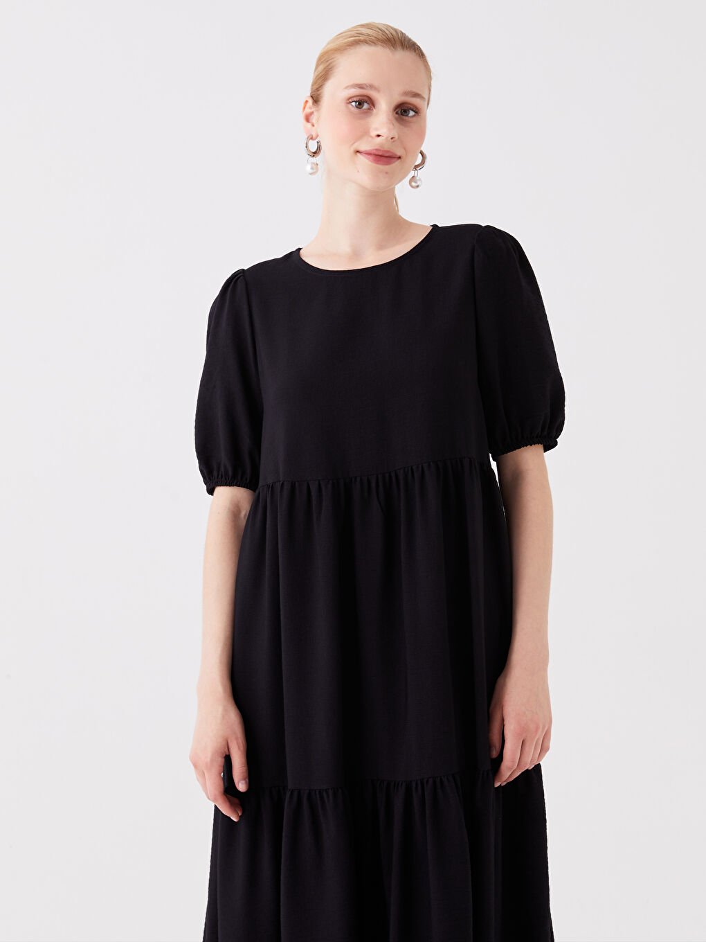 Siyah Bisiklet Yaka Düz Kısa Kollu Kadın Elbise-2