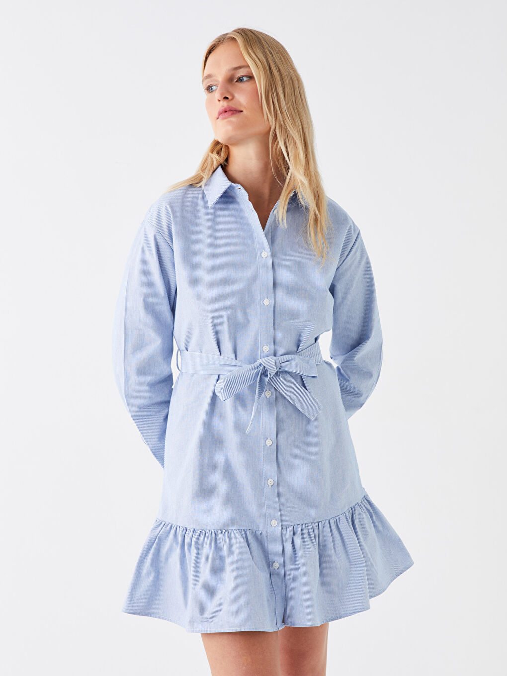 Mavi Çizgili Uzun Kollu Kadın Gömlek Elbise