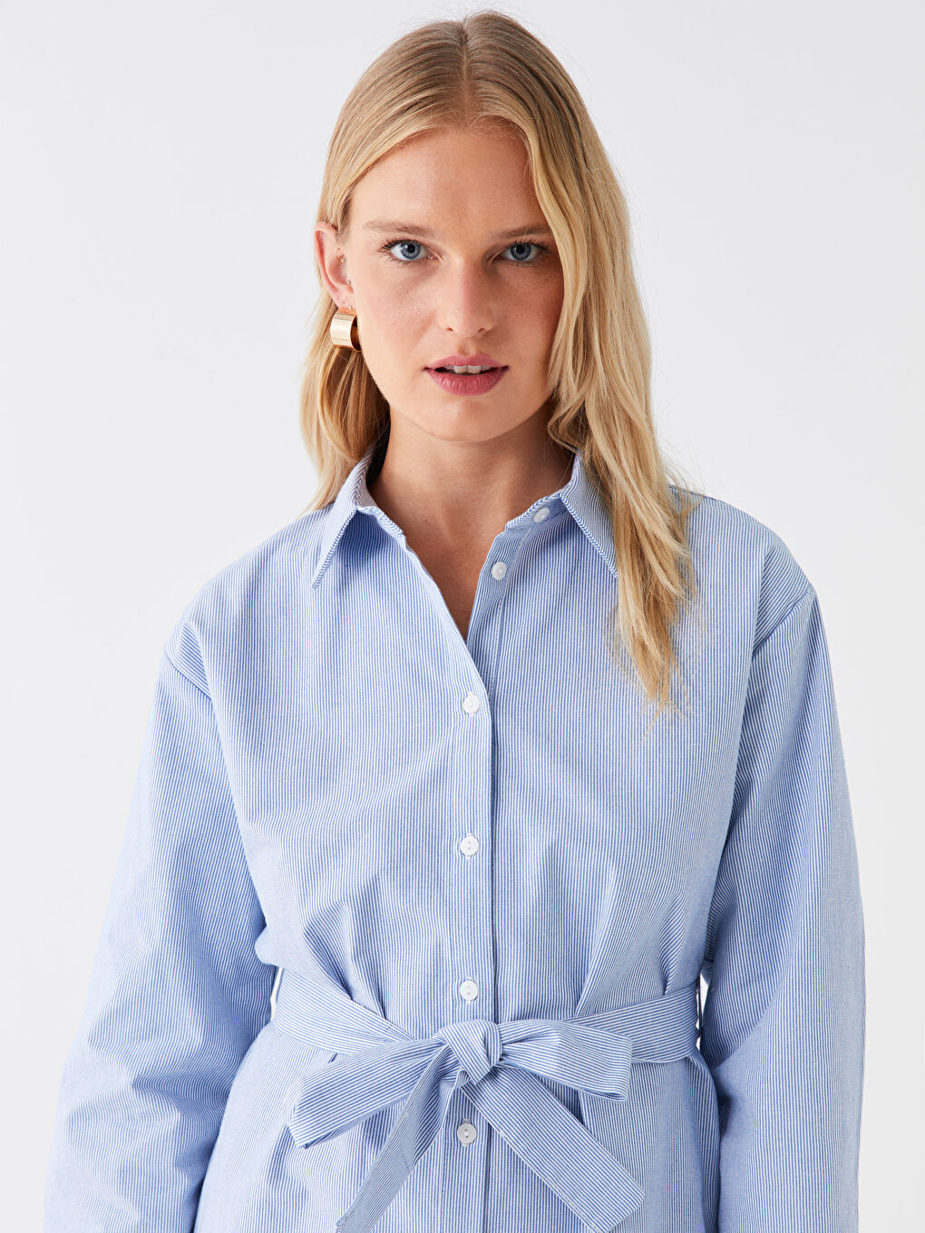 Mavi Çizgili Uzun Kollu Kadın Gömlek Elbise-2