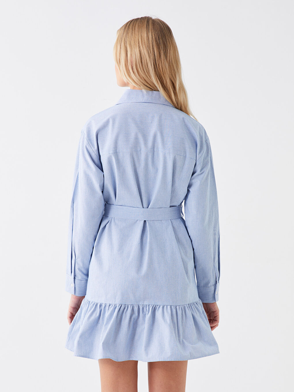Mavi Çizgili Uzun Kollu Kadın Gömlek Elbise-4