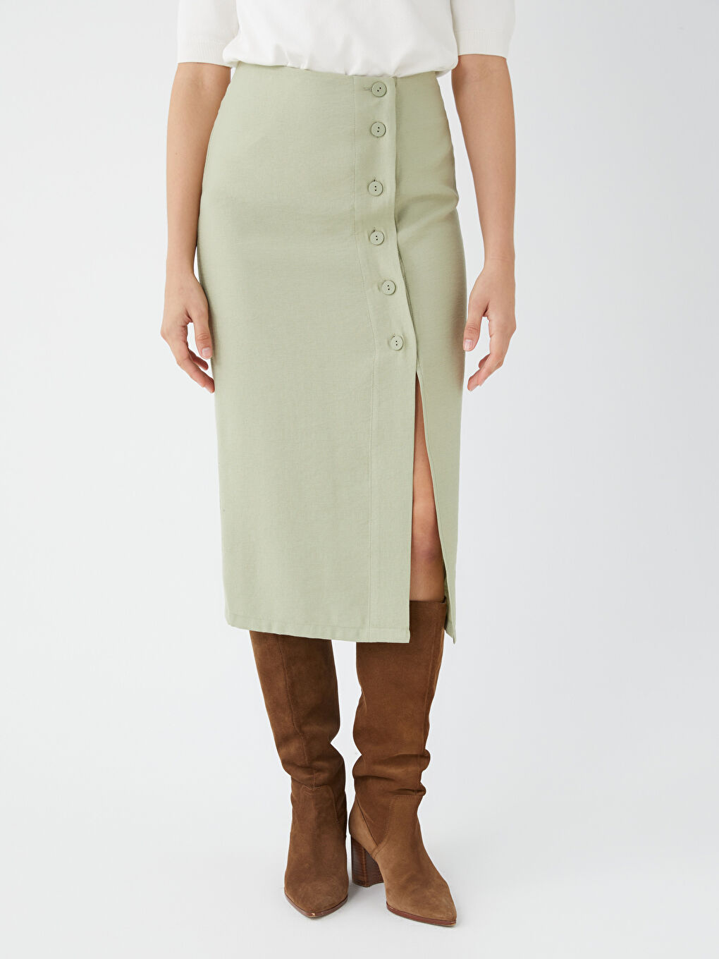 Haki Kadın Rahat Kalıp Düz Etek-2