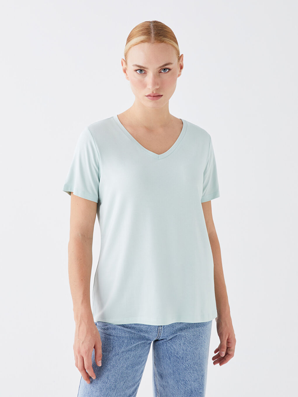 Yeşil V Yaka Düz Kısa Kollu Kadın Tişört