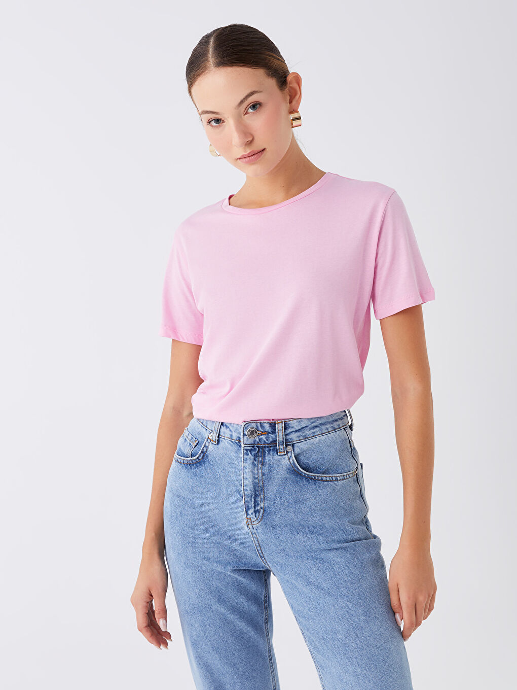 Pembe Bisiklet Yaka Düz Kısa Kollu Kadın Tişört