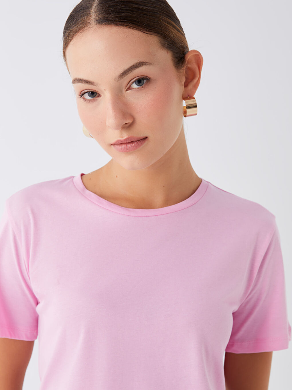 Pembe Bisiklet Yaka Düz Kısa Kollu Kadın Tişört-1