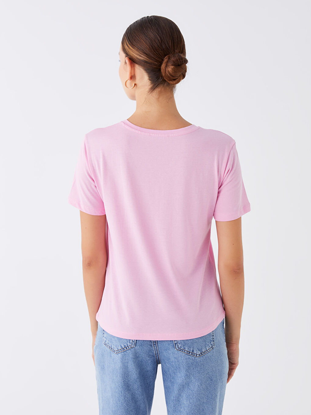 Pembe Bisiklet Yaka Düz Kısa Kollu Kadın Tişört-4