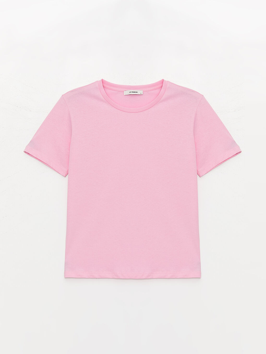 Pembe Bisiklet Yaka Düz Kısa Kollu Kadın Tişört-5