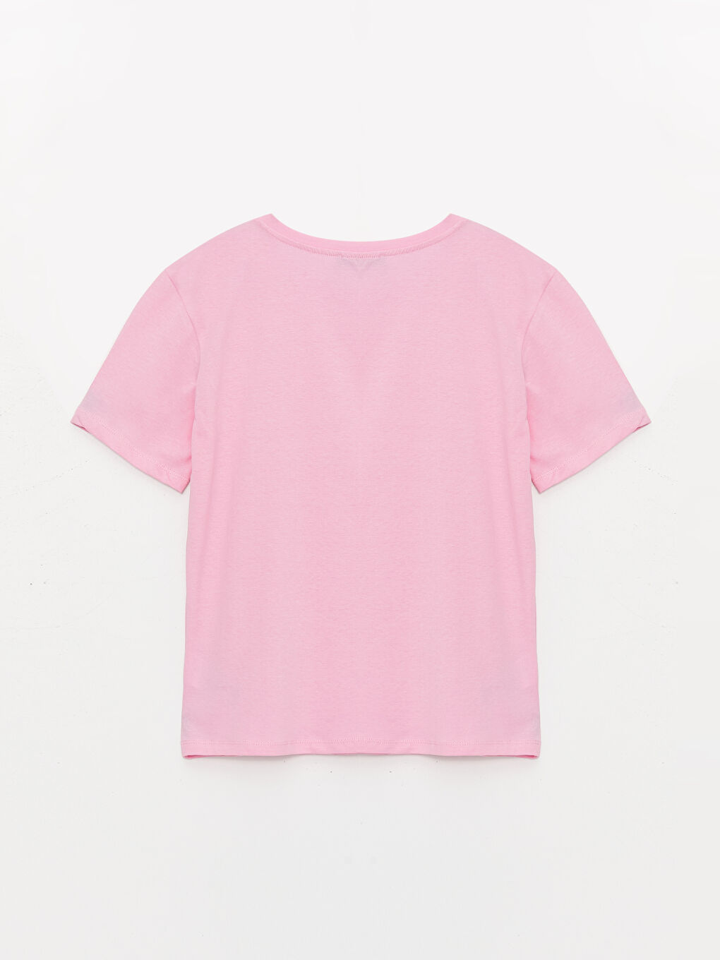 Pembe Bisiklet Yaka Düz Kısa Kollu Kadın Tişört-6