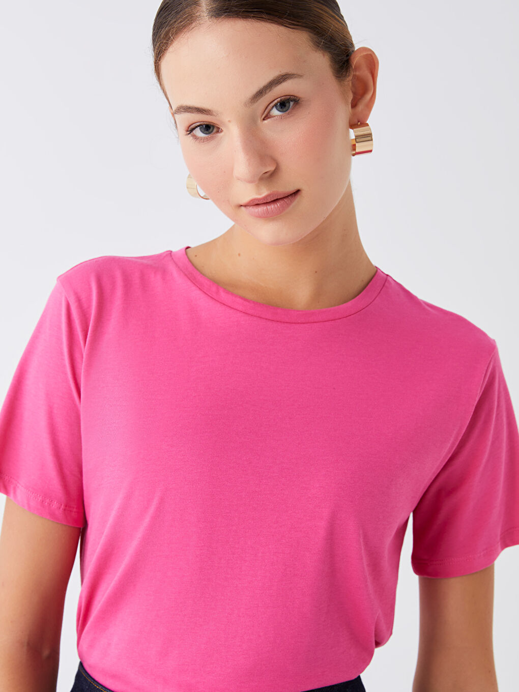 Pembe Bisiklet Yaka Düz Kısa Kollu Kadın Tişört-1