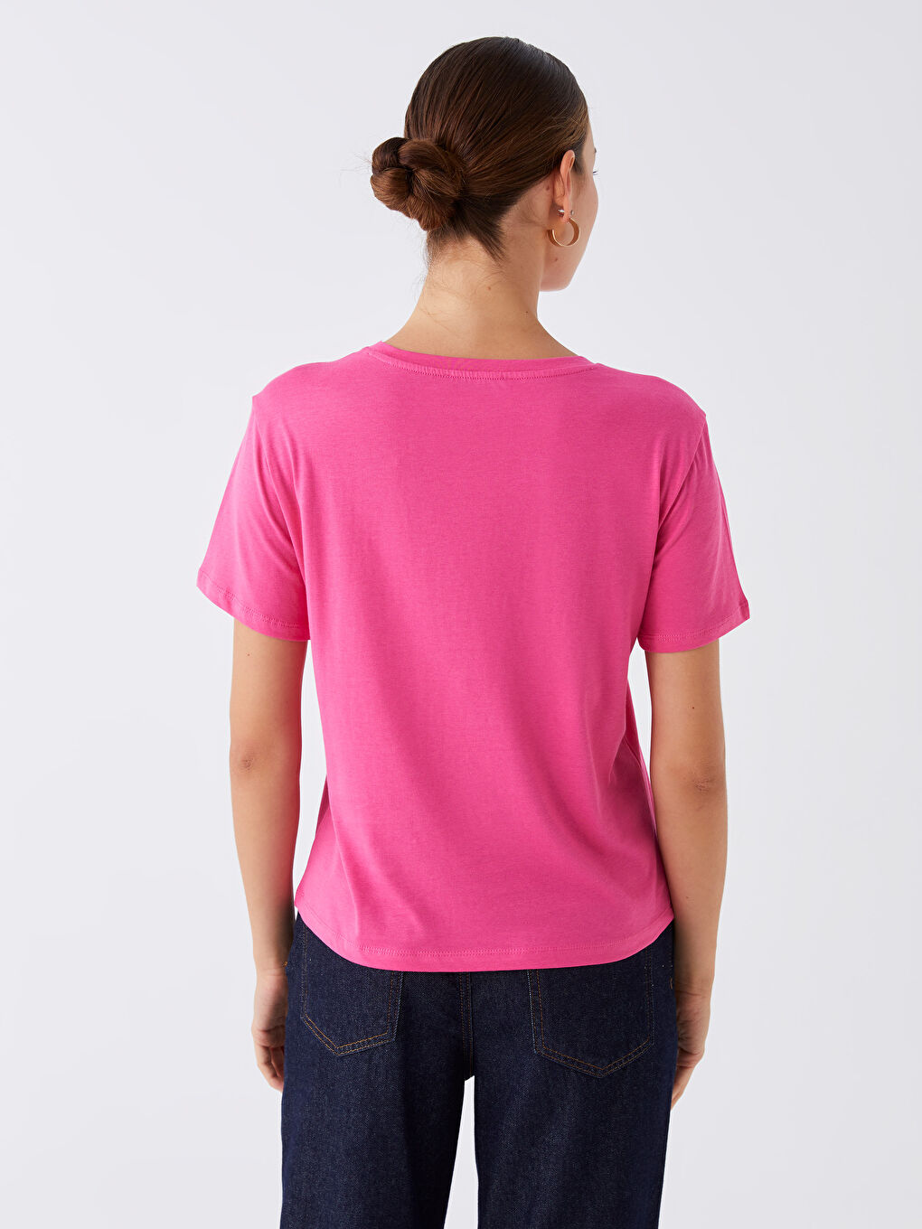 Pembe Bisiklet Yaka Düz Kısa Kollu Kadın Tişört-4