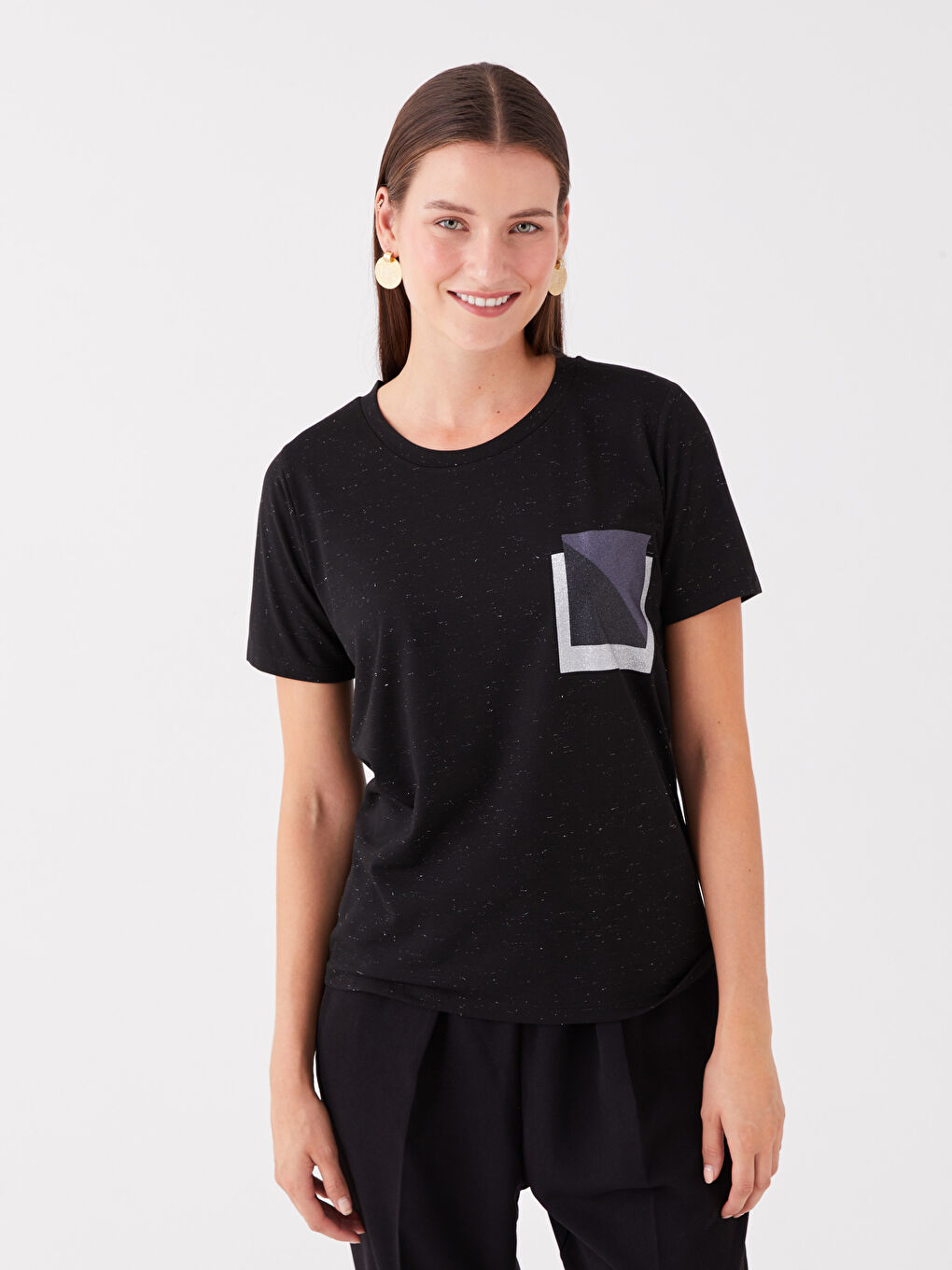 Siyah Bisiklet Yaka Baskılı Kısa Kollu Kadın Tişört