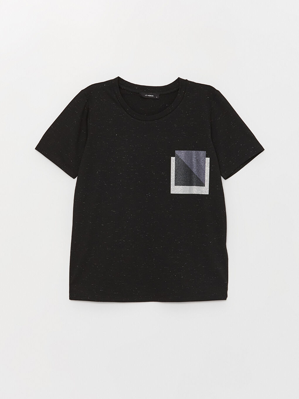 Siyah Bisiklet Yaka Baskılı Kısa Kollu Kadın Tişört-5