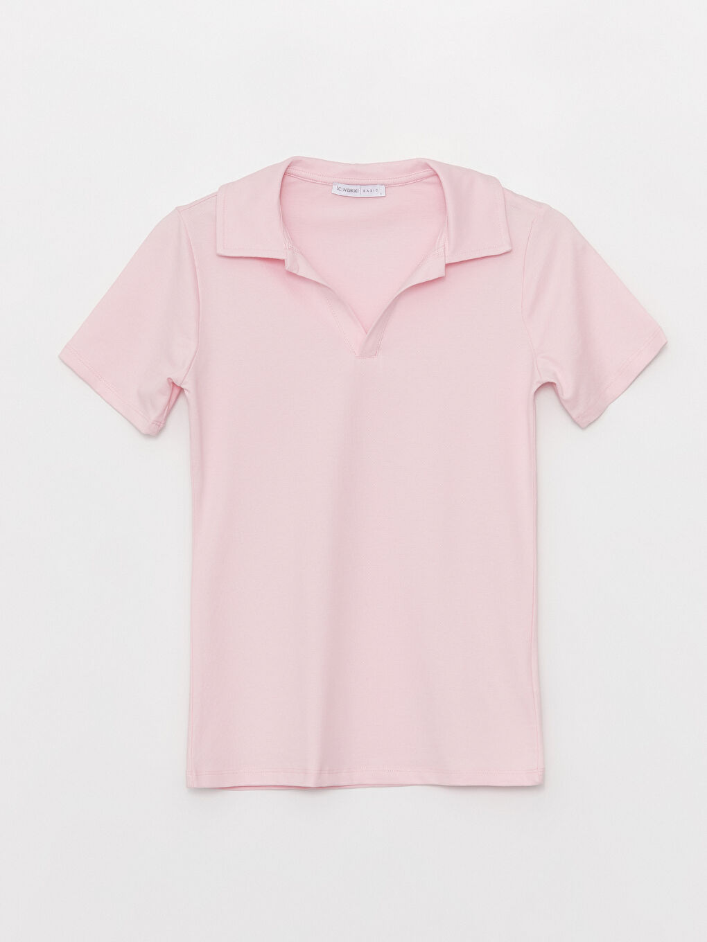 Pembe Polo Yaka Düz Kısa Kollu Kadın Tişört-5