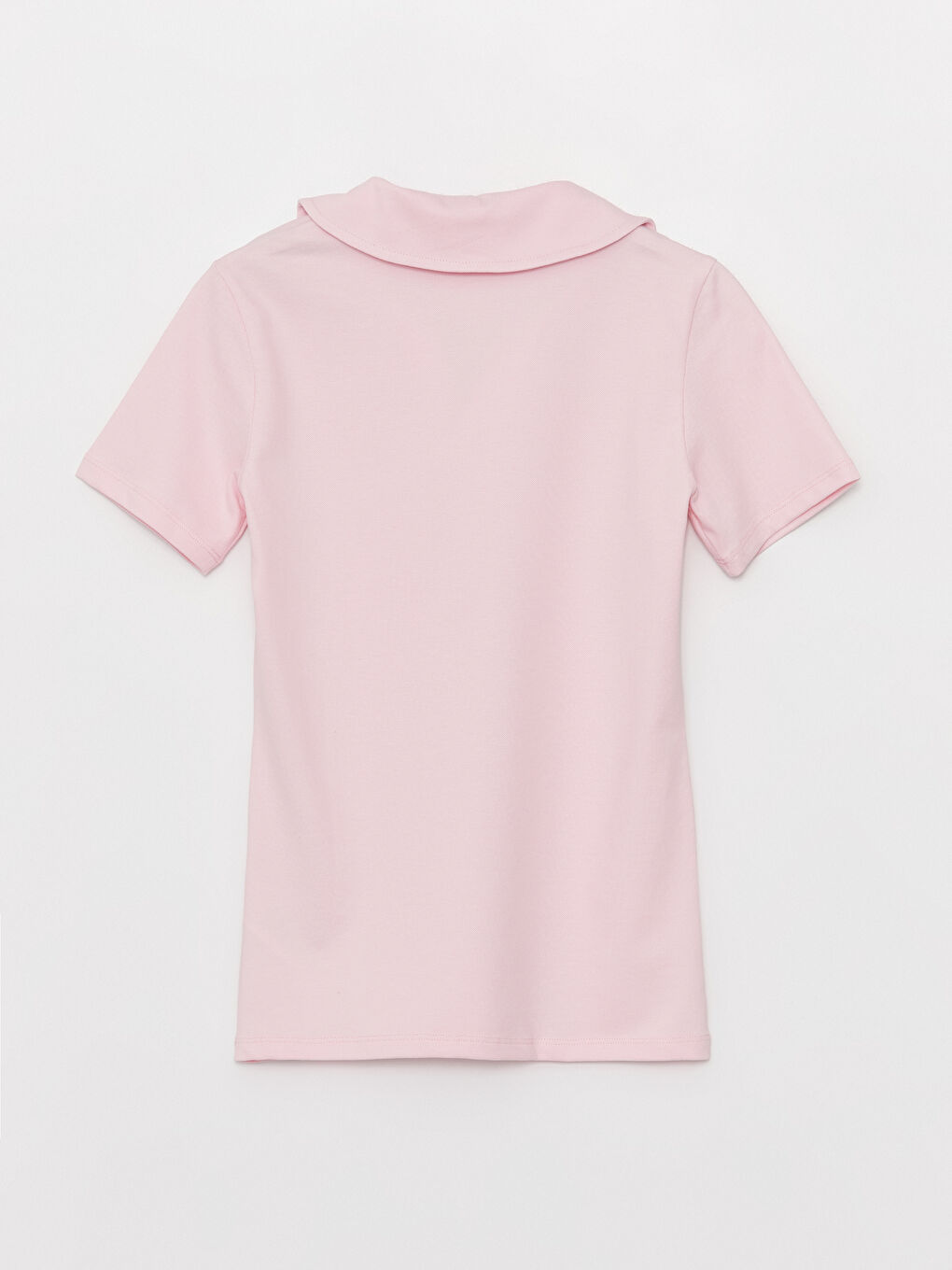 Pembe Polo Yaka Düz Kısa Kollu Kadın Tişört-6