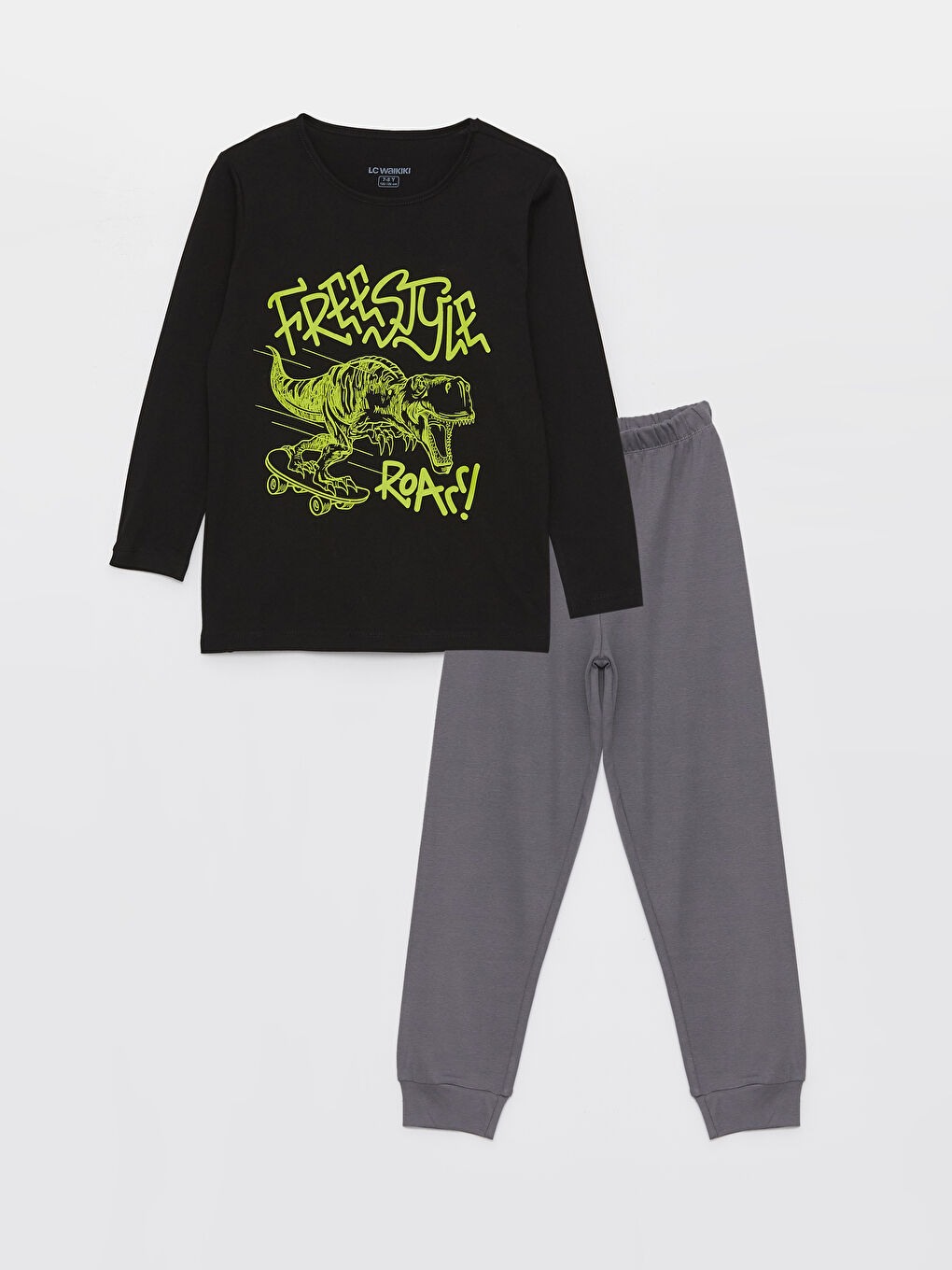 Siyah Bisiklet Yaka Baskılı Uzun Kollu Erkek Çocuk Pijama Takımı-3