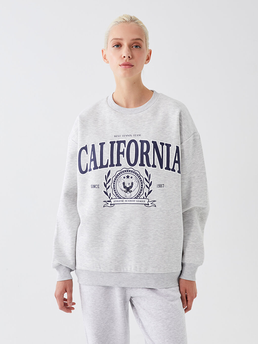 Gri Bisiklet Yaka Baskılı Oversize Kadın Kalın Sweatshirt