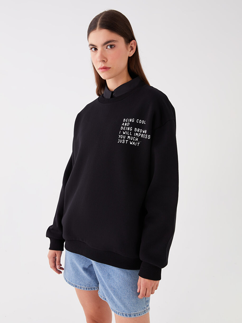 XSIDE Yeni Siyah Bisiklet Yaka Baskılı Oversize Kadın Kalın Sweatshirt - 1