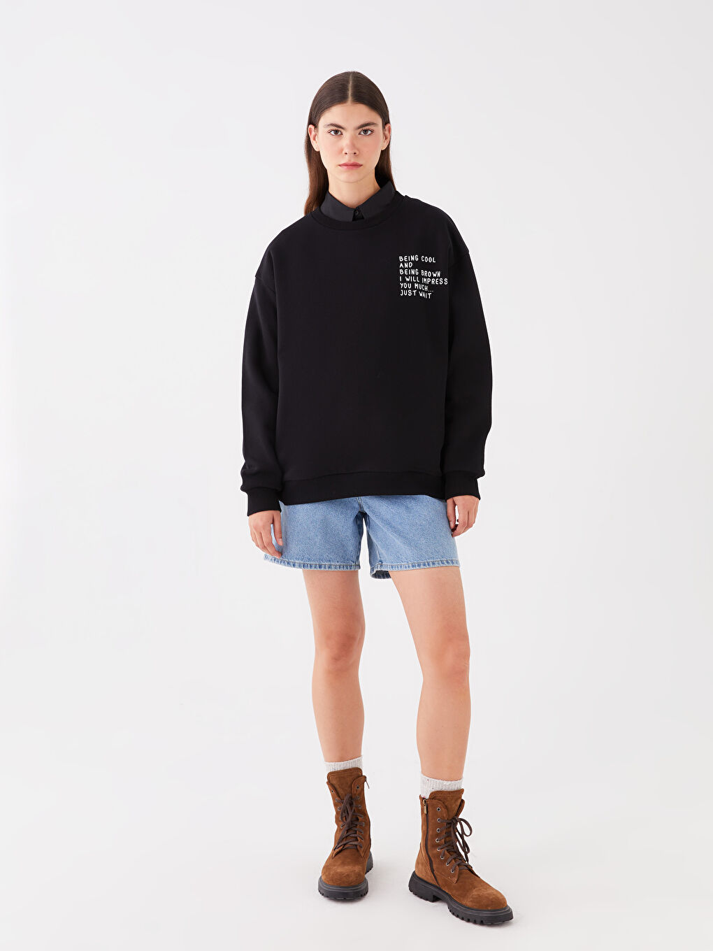 XSIDE Yeni Siyah Bisiklet Yaka Baskılı Oversize Kadın Kalın Sweatshirt - 2