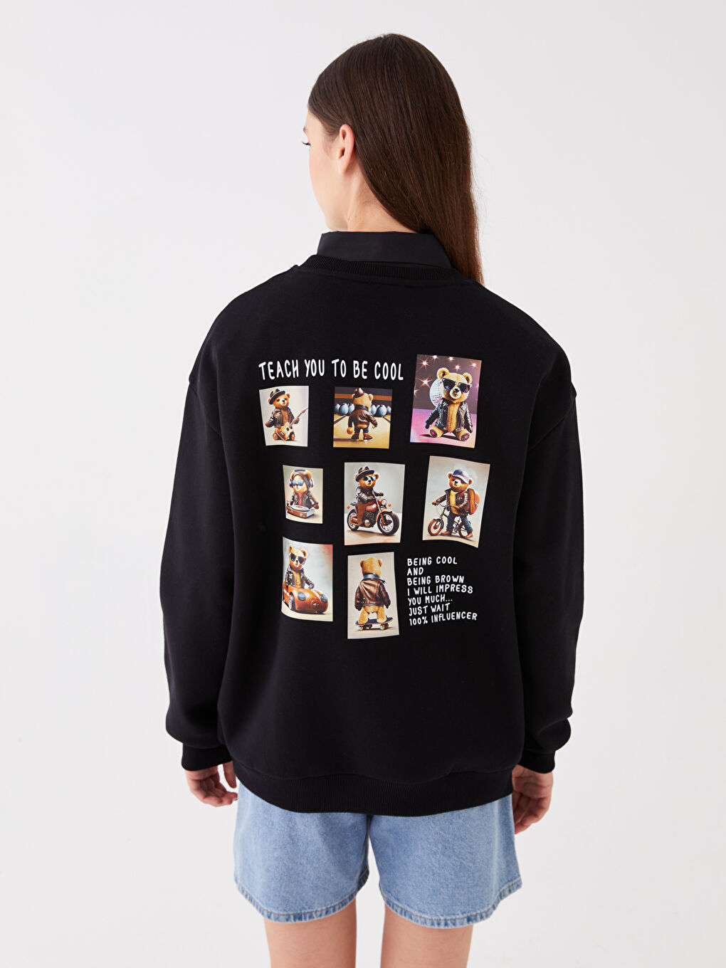 XSIDE Yeni Siyah Bisiklet Yaka Baskılı Oversize Kadın Kalın Sweatshirt - 4