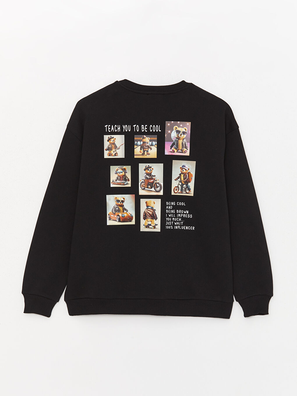 XSIDE Yeni Siyah Bisiklet Yaka Baskılı Oversize Kadın Kalın Sweatshirt - 6