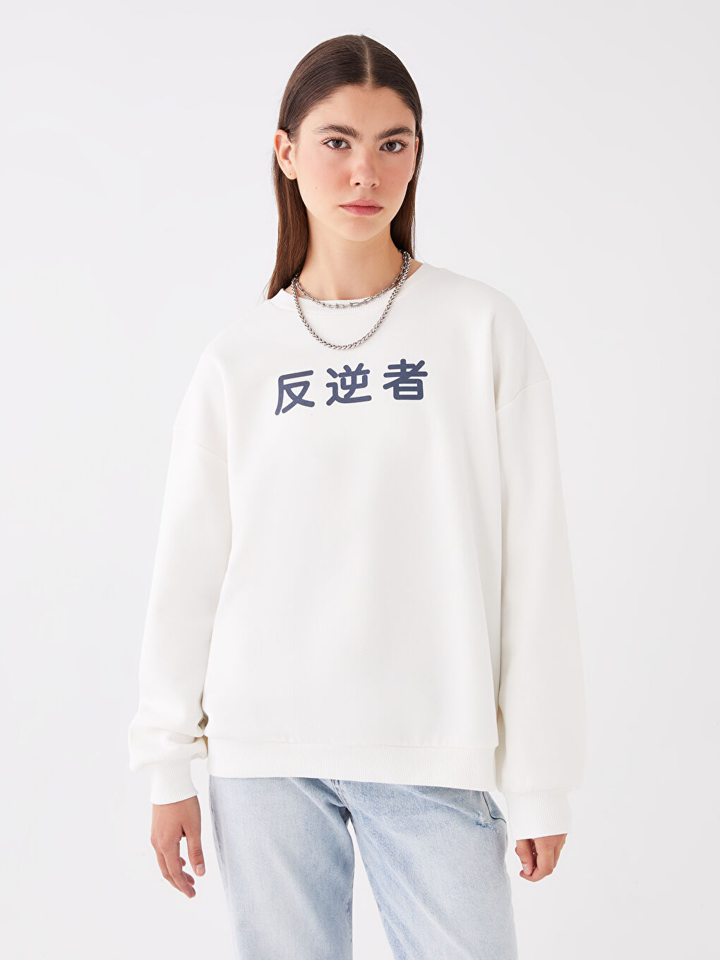 XSIDE Ekru Bisiklet Yaka Baskılı Oversize Kadın Kalın Sweatshirt