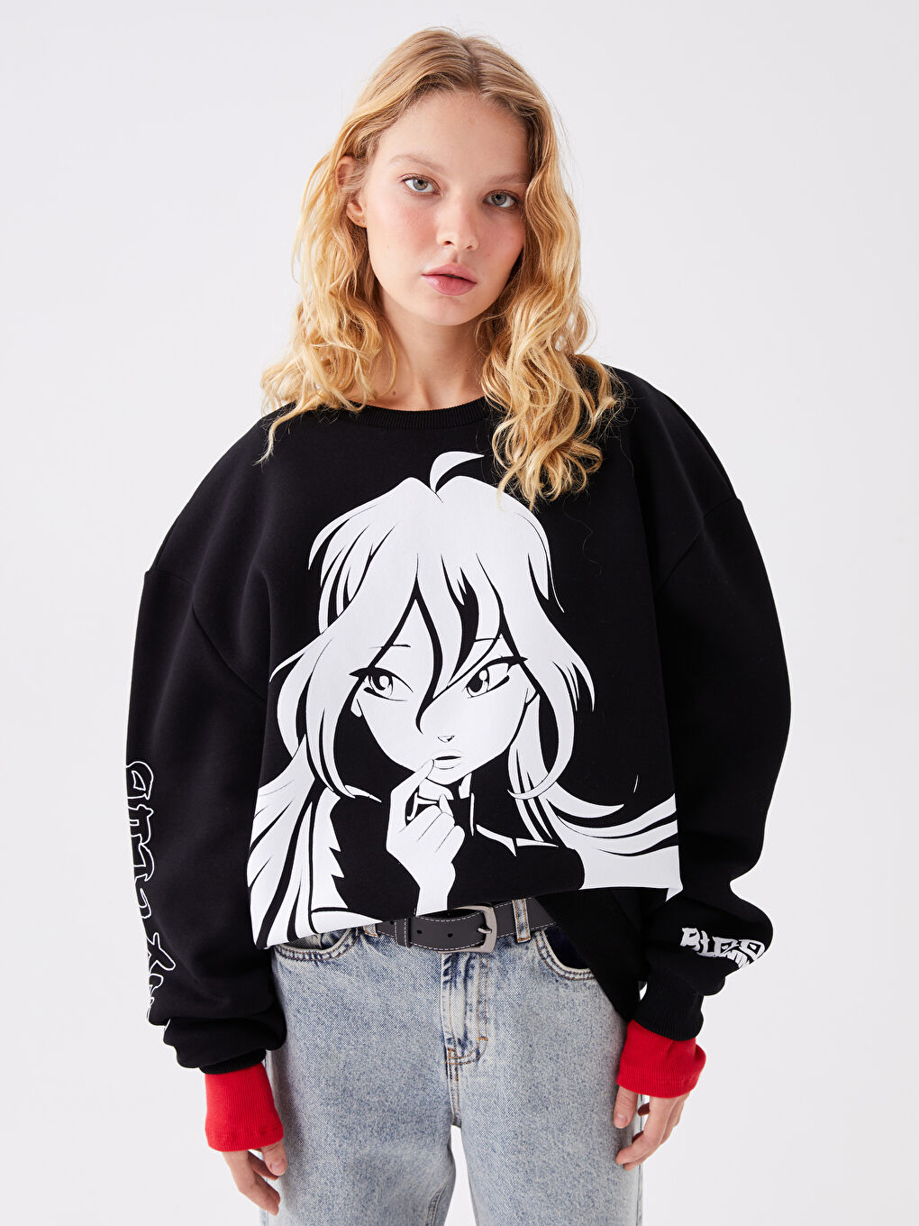 XSIDE Yeni Siyah Bisiklet Yaka Winx Club Baskılı Uzun Kollu Oversize Kadın Sweatshirt