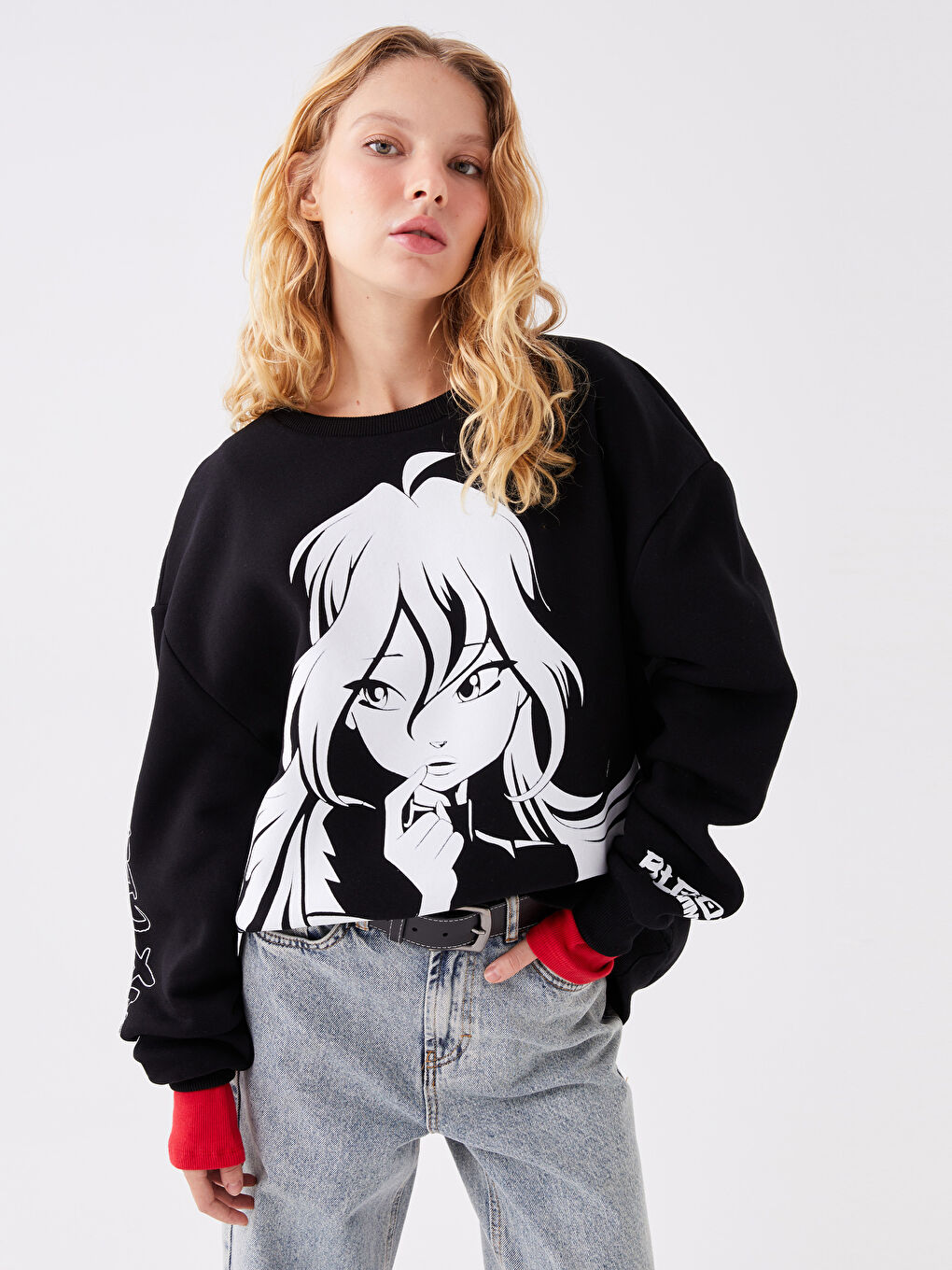 XSIDE Yeni Siyah Bisiklet Yaka Winx Club Baskılı Uzun Kollu Oversize Kadın Sweatshirt - 1