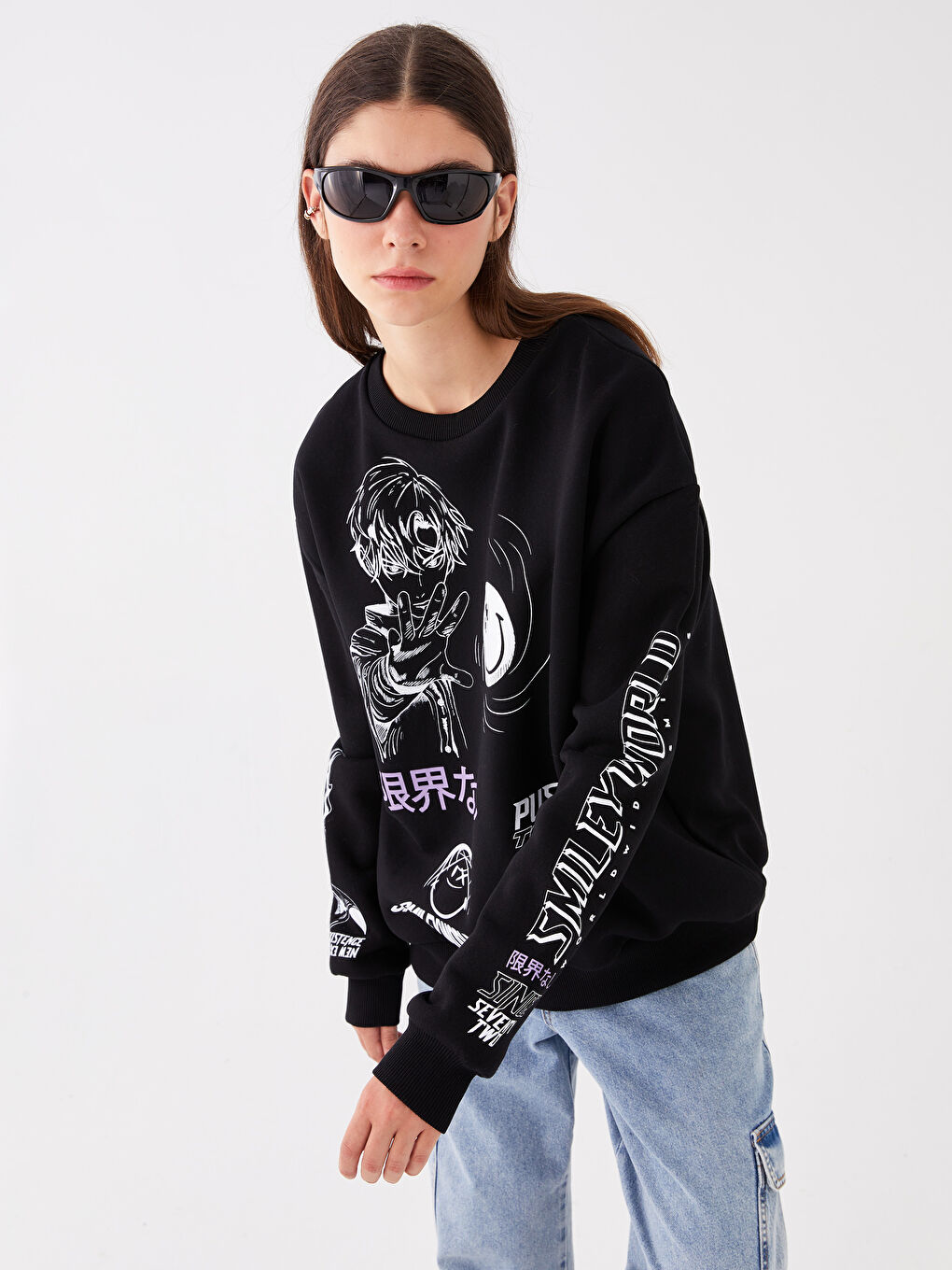 XSIDE Yeni Siyah Bisiklet Yaka Baskılı Uzun Kollu Oversize Kadın Sweatshirt - 1