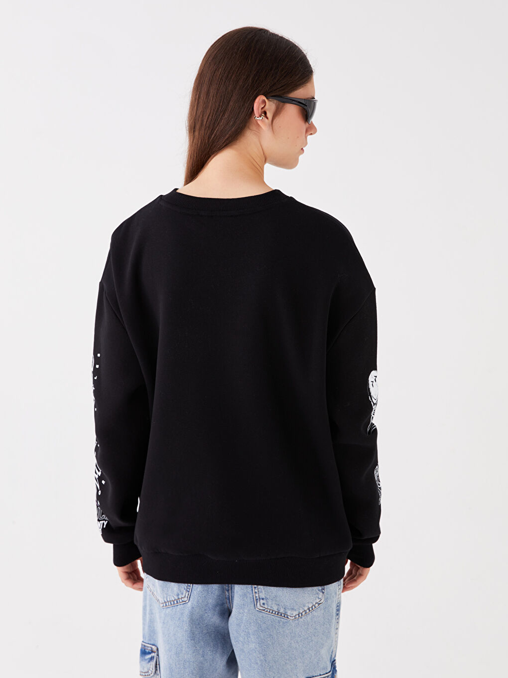 XSIDE Yeni Siyah Bisiklet Yaka Baskılı Uzun Kollu Oversize Kadın Sweatshirt - 4