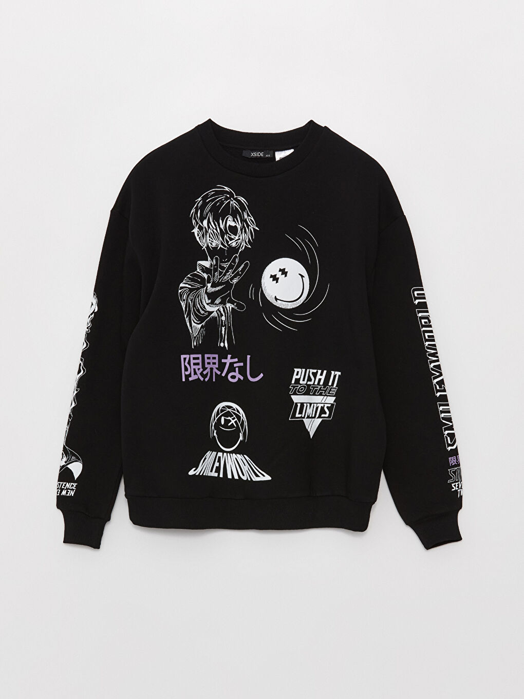 XSIDE Yeni Siyah Bisiklet Yaka Baskılı Uzun Kollu Oversize Kadın Sweatshirt - 5