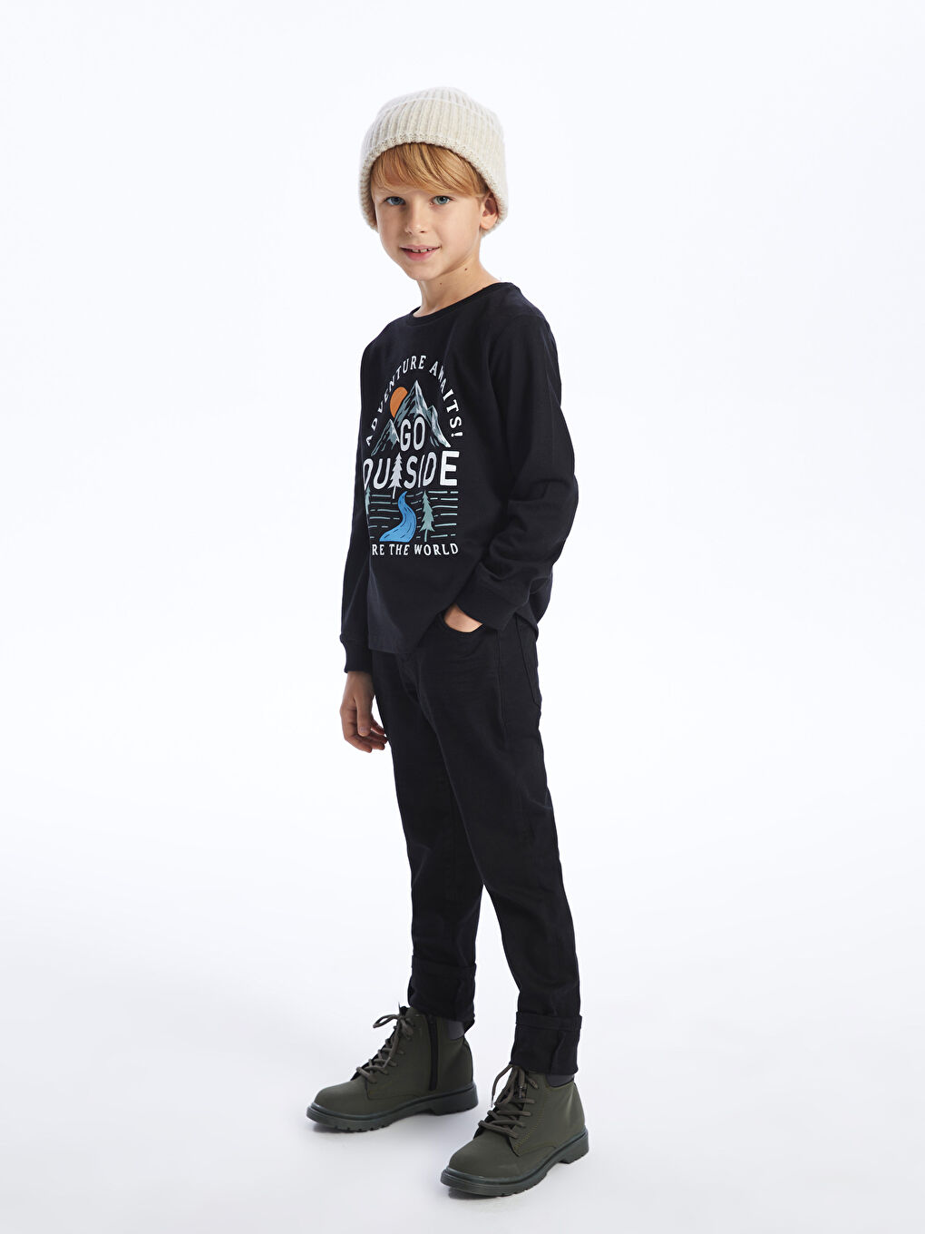 Siyah Bisiklet Yaka Baskılı Uzun Kollu Erkek Çocuk Tişört-1