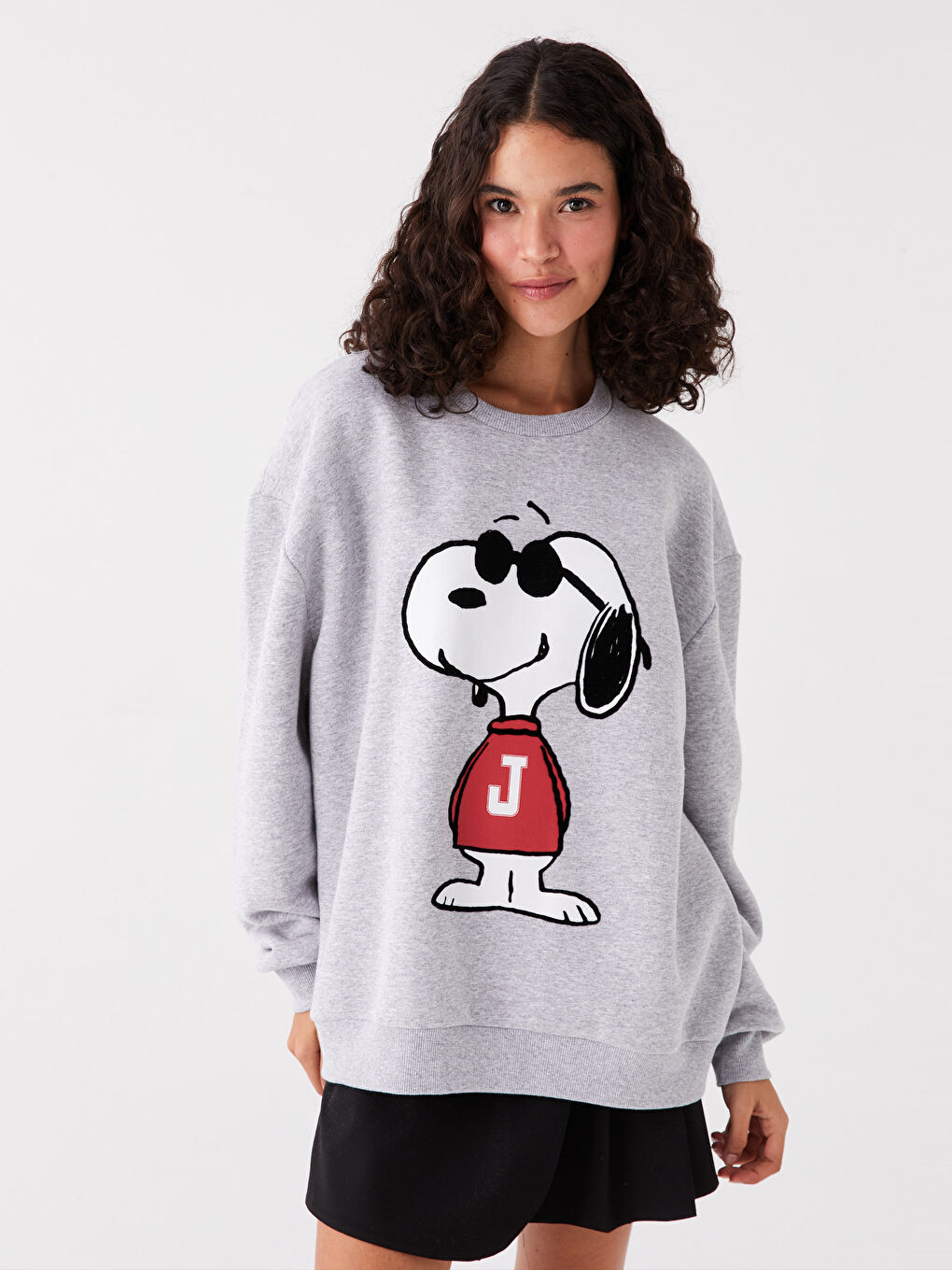 XSIDE Gri Melanj Bisiklet Yaka Snoopy Baskılı Uzun Kollu Oversize Kadın Sweatshirt