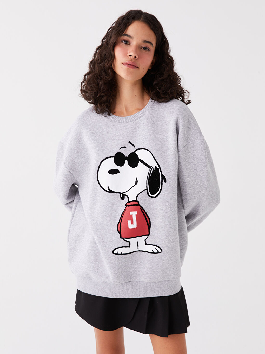 XSIDE Gri Melanj Bisiklet Yaka Snoopy Baskılı Uzun Kollu Oversize Kadın Sweatshirt - 1