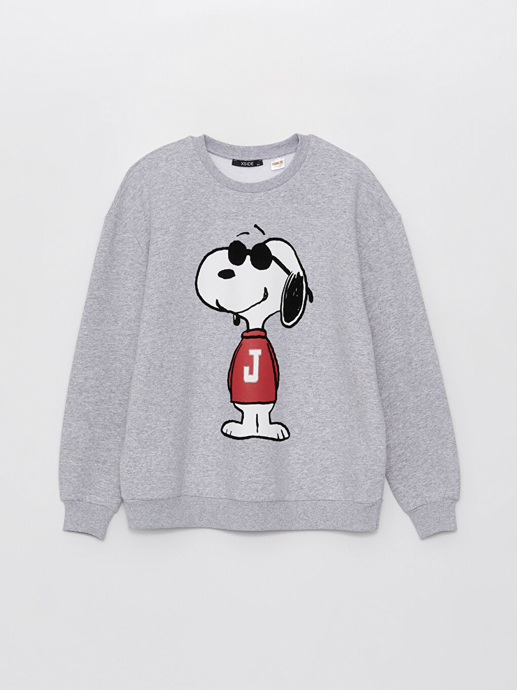 XSIDE Gri Melanj Bisiklet Yaka Snoopy Baskılı Uzun Kollu Oversize Kadın Sweatshirt - 5