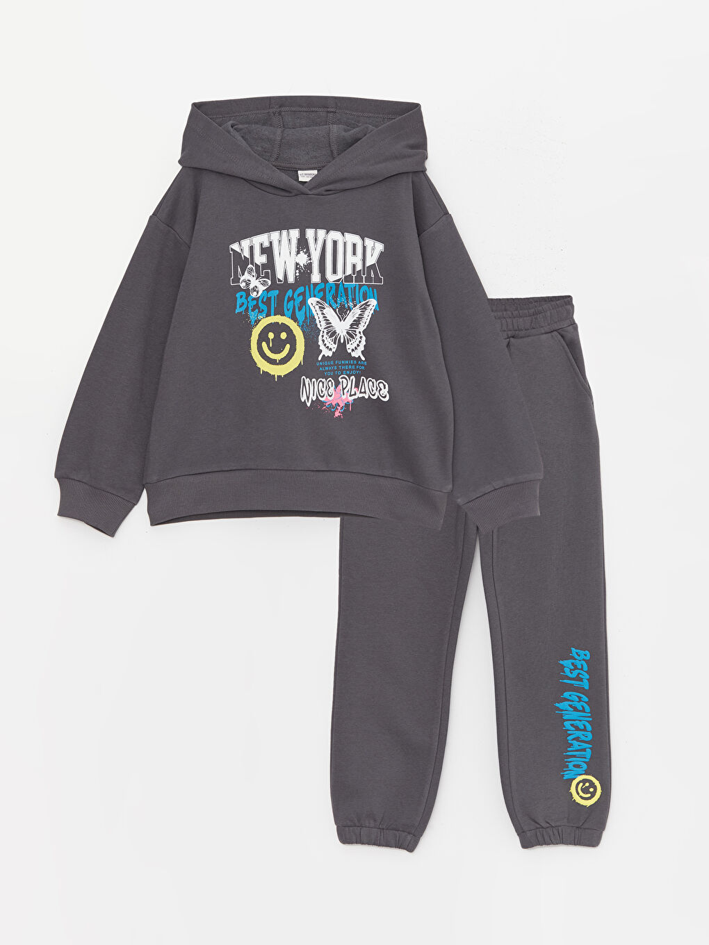 LCW Kids Koyu Gri Baskılı Uzun Kollu Kız Çocuk Hoodie ve Eşofman Altı