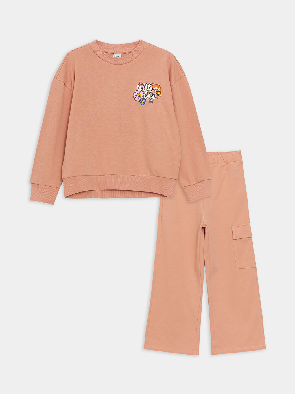 LCW Kids Pembe Bisiklet Yaka Baskılı Uzun Kollu Kız Çocuk Sweatshirt ve Eşofman Altı