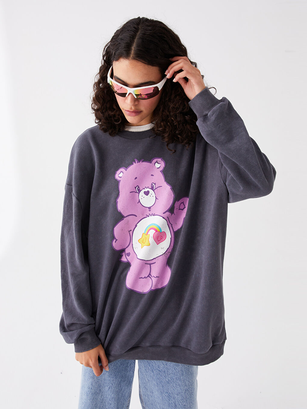 XSIDE Antrasit Bisiklet Yaka Care Bears Baskılı Oversize Kadın Kalın Sweatshirt