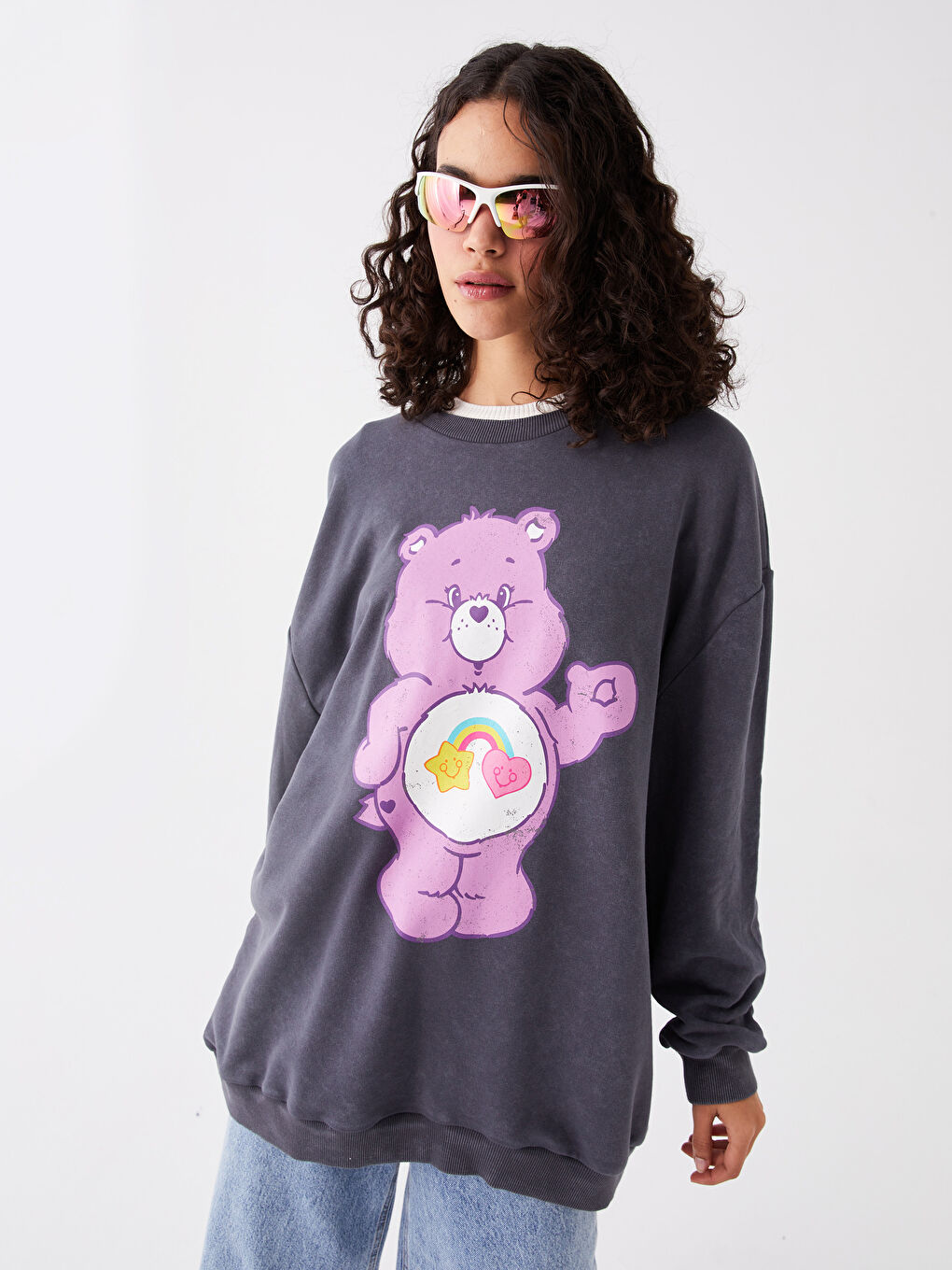 XSIDE Antrasit Bisiklet Yaka Care Bears Baskılı Uzun Kollu Oversize Kadın Sweatshirt - 1