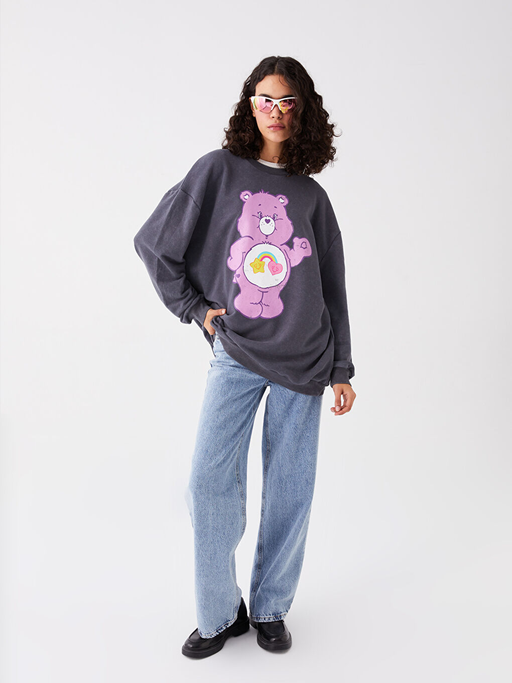 XSIDE Antrasit Bisiklet Yaka Care Bears Baskılı Uzun Kollu Oversize Kadın Sweatshirt - 2