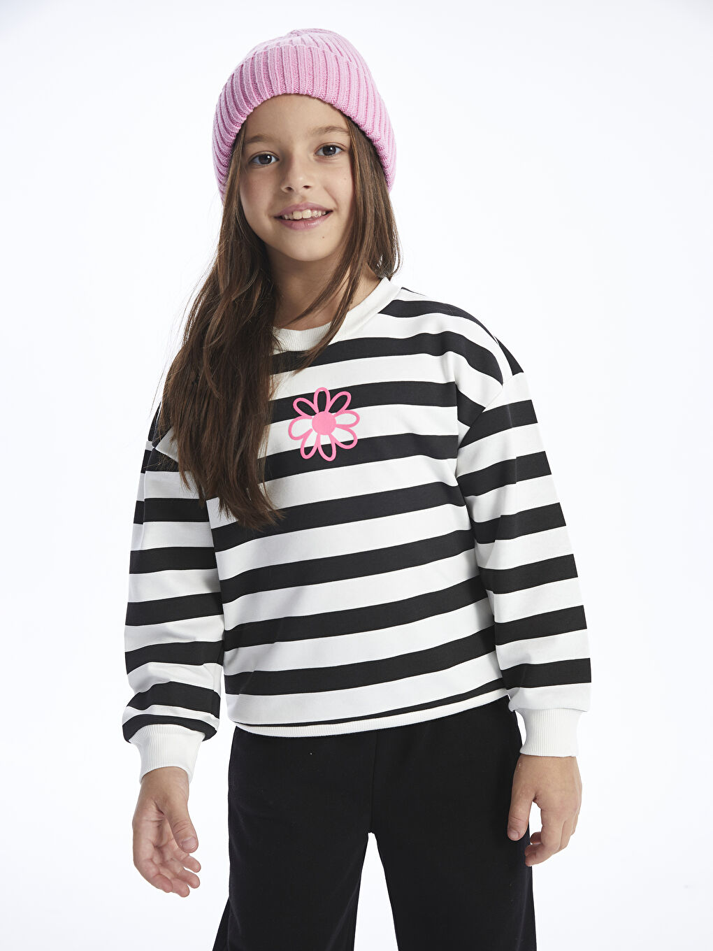 LCW Kids Siyah Bisiklet Yaka Çizgili Uzun Kollu Kız Çocuk Sweatshirt ve Eşofman Altı