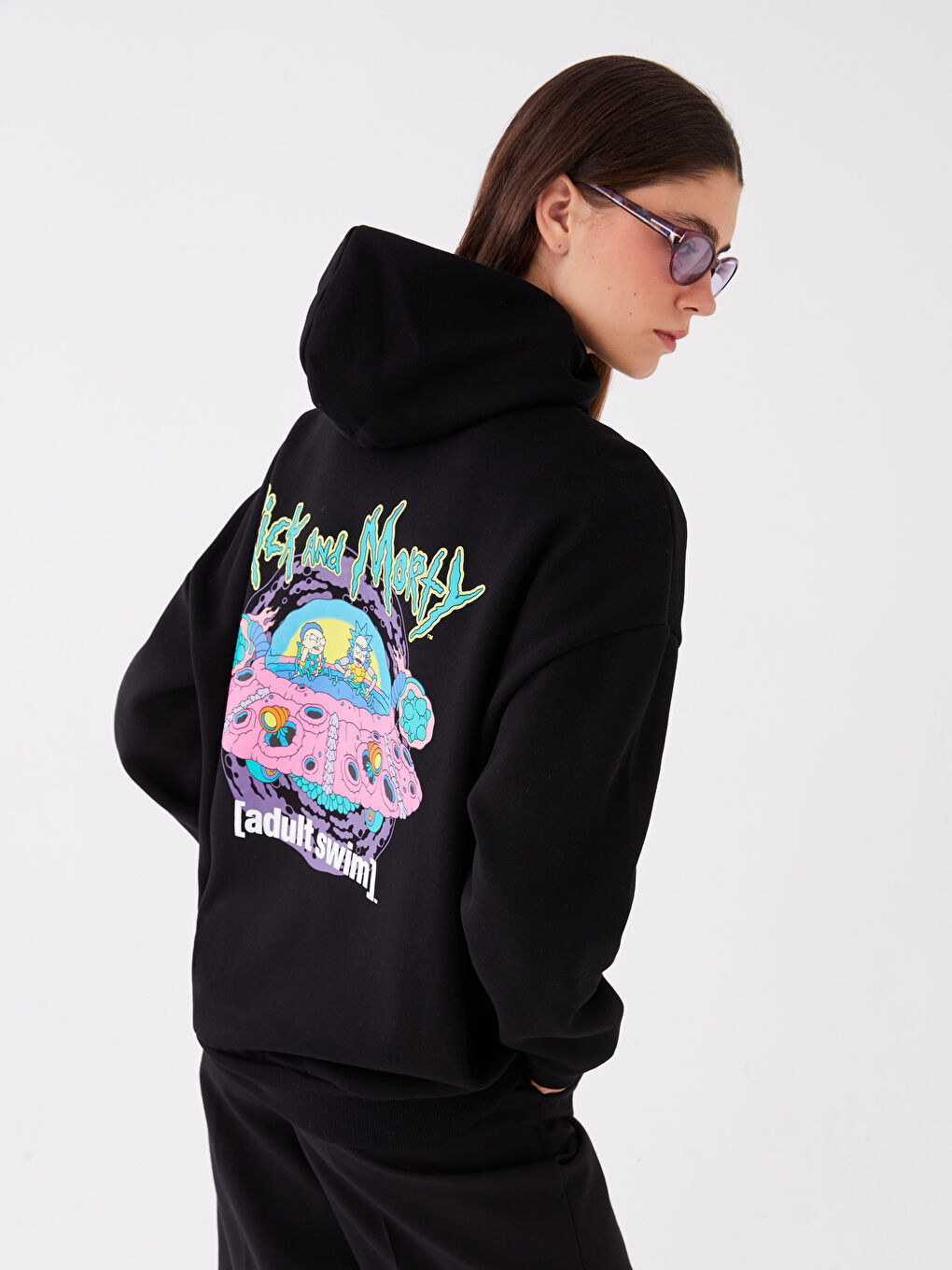 XSIDE Yeni Siyah Rick and Morty Baskılı Uzun Kollu Oversize Kadın Hoodie